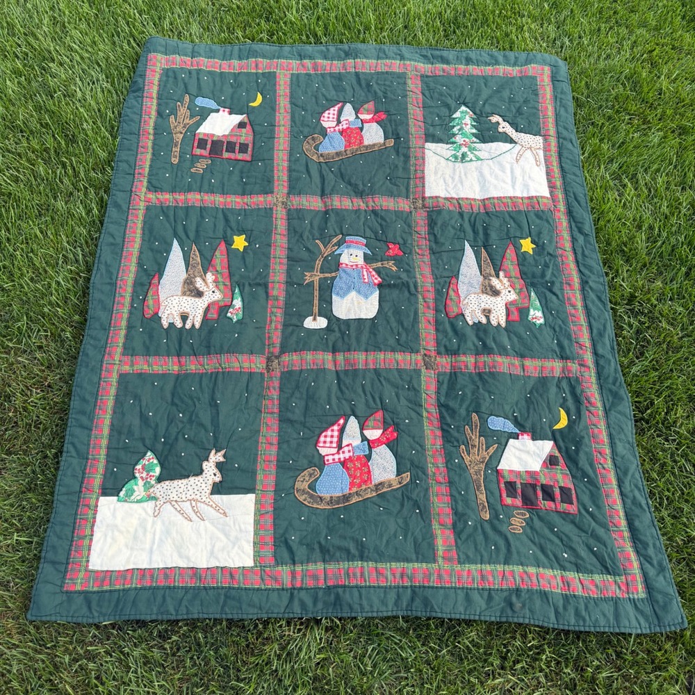 Vintage Christmas Patchwork Quilt Green Snowman Reindeer Plaid Throw 46x58